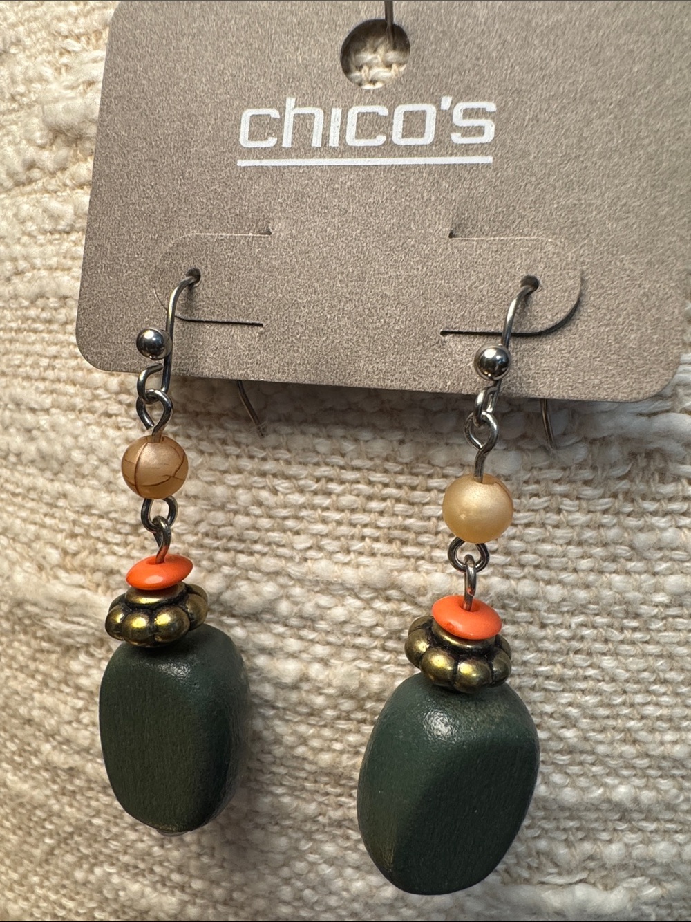 0094-Chico's Forest Green Drop Earrings with Orange and Gold‎ Beads